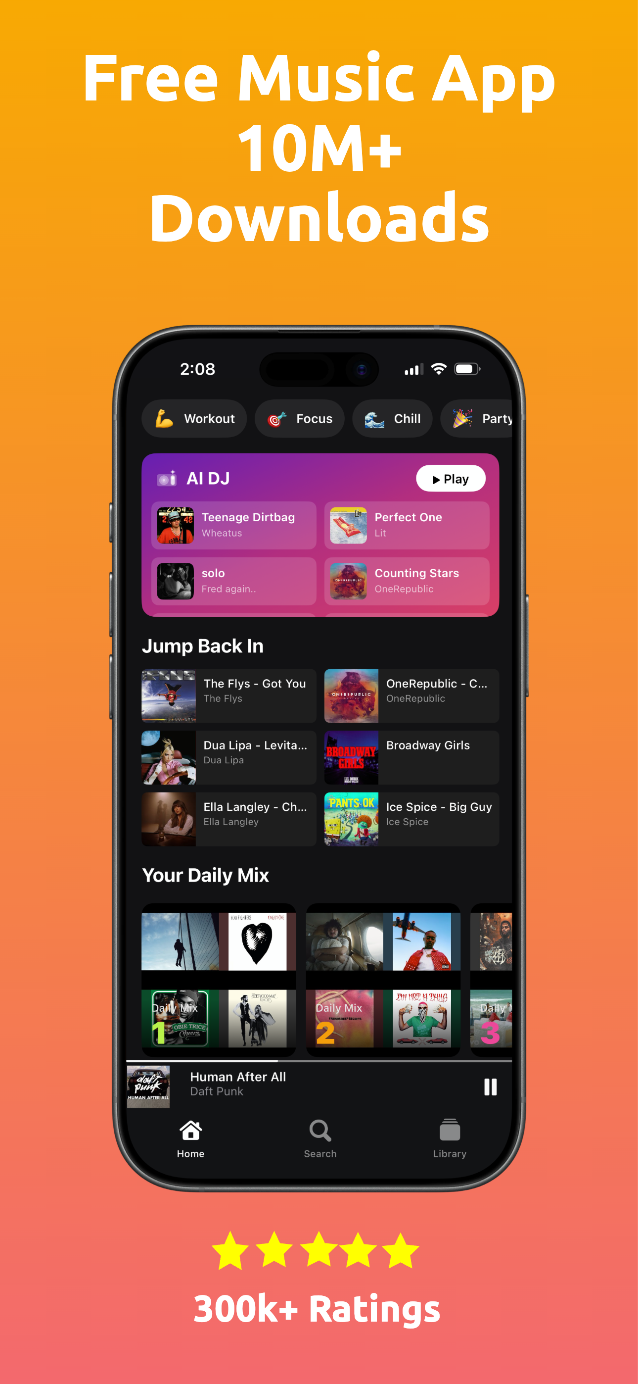 Trending Music app — Home screen with AI DJ