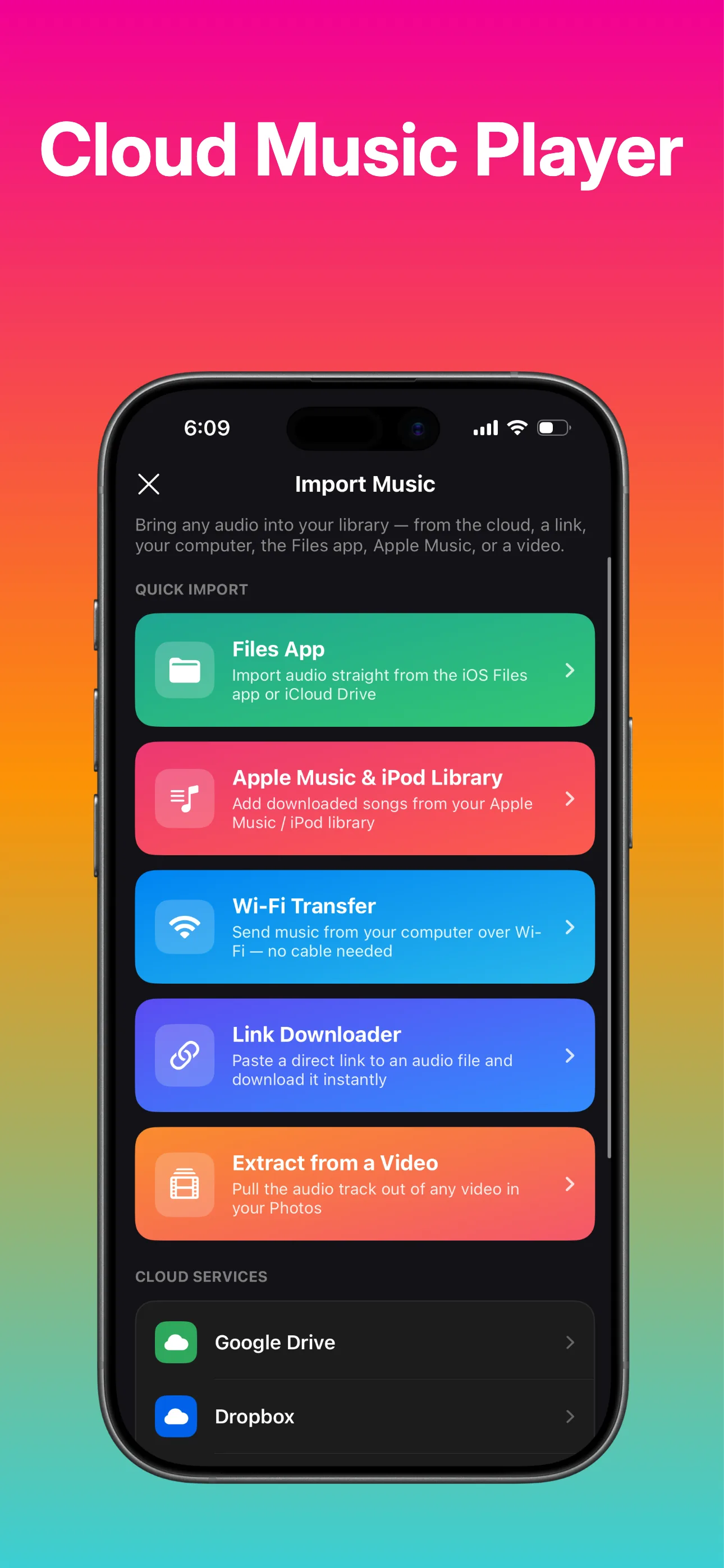 Import music from the Files app, iCloud Drive, your Apple Music library or over Wi-Fi
