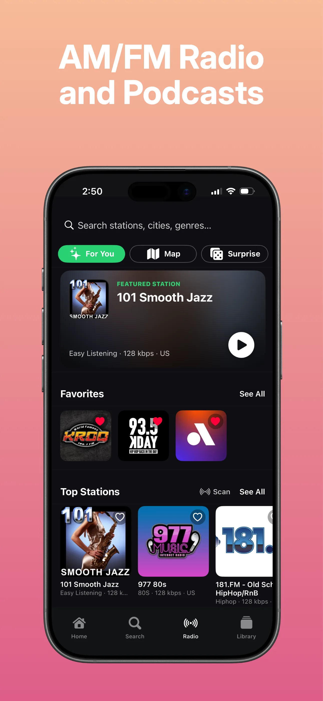 Live AM/FM radio stations and podcasts